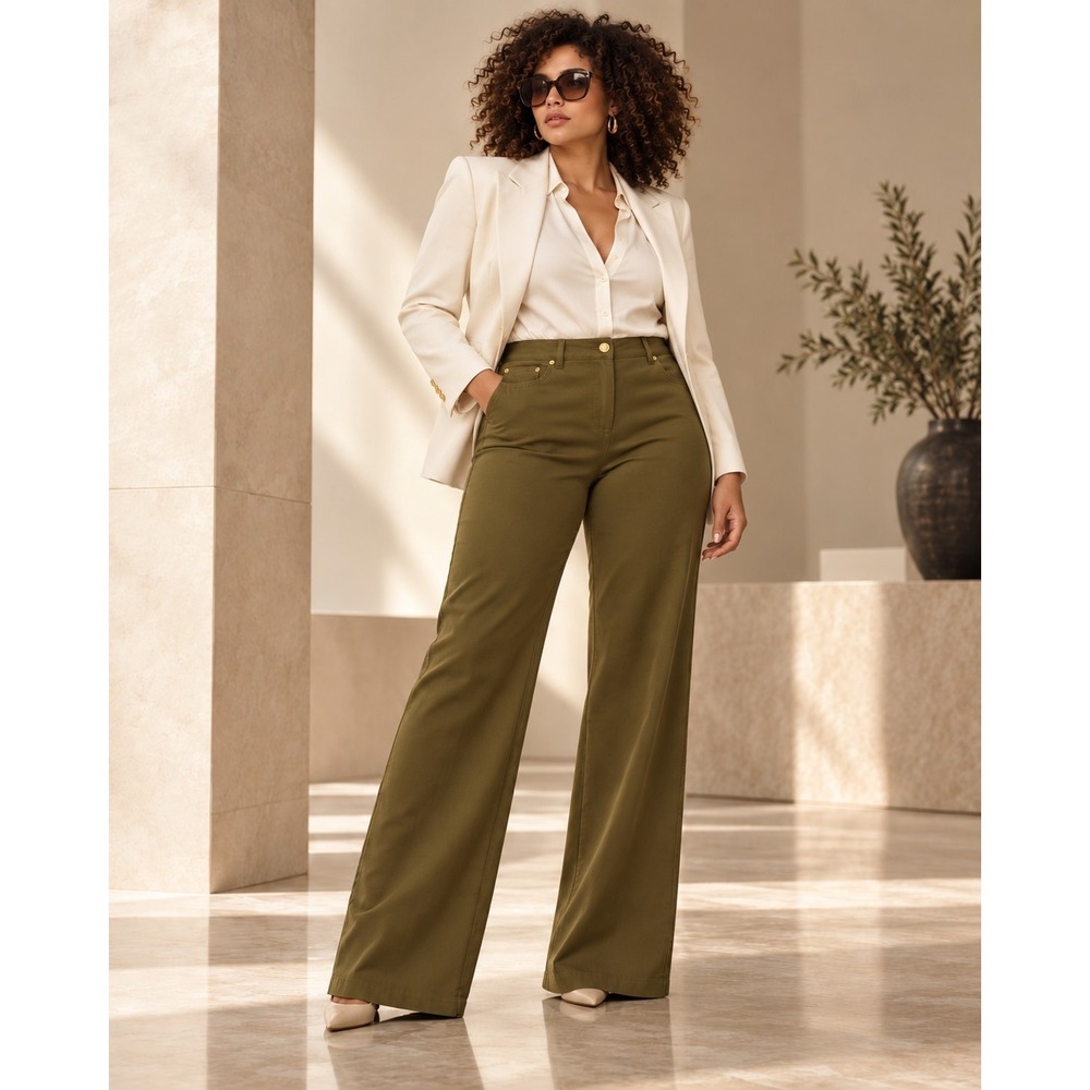 Escada Olive Green Cotton Blend Flared Trousers Pants Gold Hardware Size 44